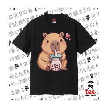 Capybara Bubble Tea, Κλασικό T-Shirt, διπλής ραφής, χωρίς πλευρικές ραφές ΜΑΥΡΟ από 100% βαμβάκι. Vegan & OEKO-TEX πιστοποιημένο.