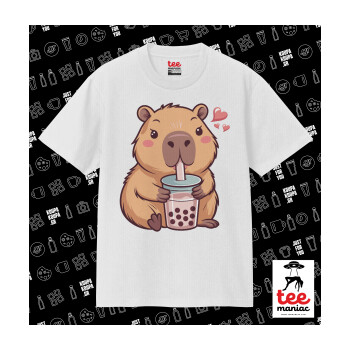 Capybara Bubble Tea, Κλασικό T-Shirt, διπλής ραφής, χωρίς πλευρικές ραφές ΛΕΥΚΟ από 100% βαμβάκι. Vegan & OEKO-TEX πιστοποιημένο.