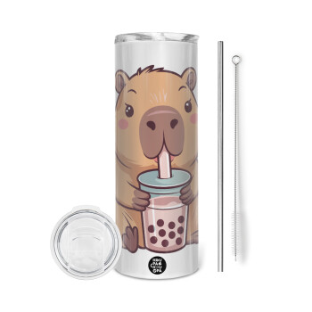 Capybara Bubble Tea, Tumbler ποτήρι θερμό από ανοξείδωτο ατσάλι 600ml, με μεταλλικό καλαμάκι & βούρτσα καθαρισμού