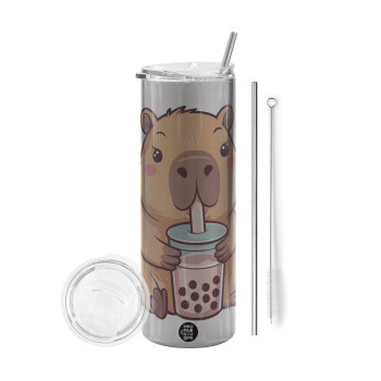 Capybara Bubble Tea, Tumbler ποτήρι θερμό Ασημένιο από ανοξείδωτο ατσάλι 600ml, με μεταλλικό καλαμάκι & βούρτσα καθαρισμού
