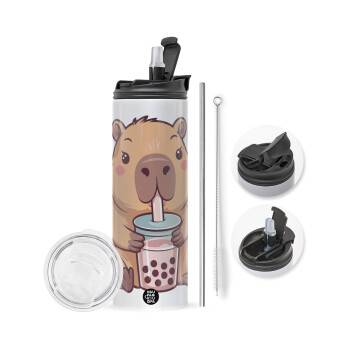 Capybara Bubble Tea, Travel Tumbler 2 Lids, with metal straw & cleaning brush (Stainless steel 304 Food grade, BPA free, 600ml)