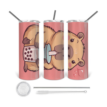 Capybara Bubble Tea, Tumbler stainless steel 600ml, with metal straw & cleaning brush
