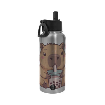 Capybara Bubble Tea, Μεταλλικό παγούρι θερμός Silver με καλαμάκι και χερούλι (Stainless steel), διπλού τοιχώματος, 950ml