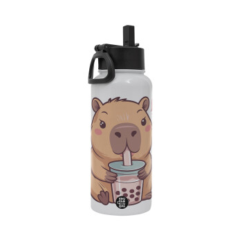 Capybara Bubble Tea, Metal mug thermo White with Straw and Spout Lid (Stainless steel), double wall, 950ml