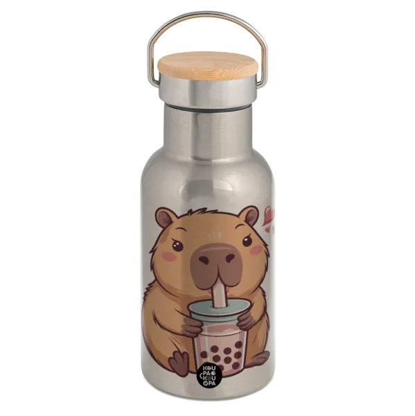 Capybara Bubble Tea — Stainless steel metallic thermos flask, silver with a bamboo lid, double-walled, 350ml.