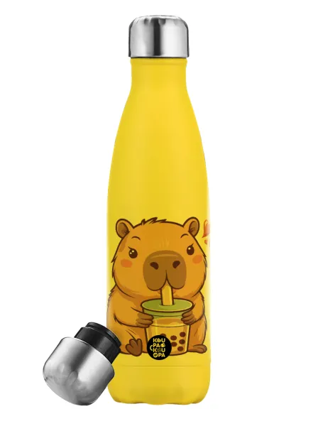 Capybara Bubble Tea — Yellow Stainless Steel Metallic Thermos, double-walled, 500ml