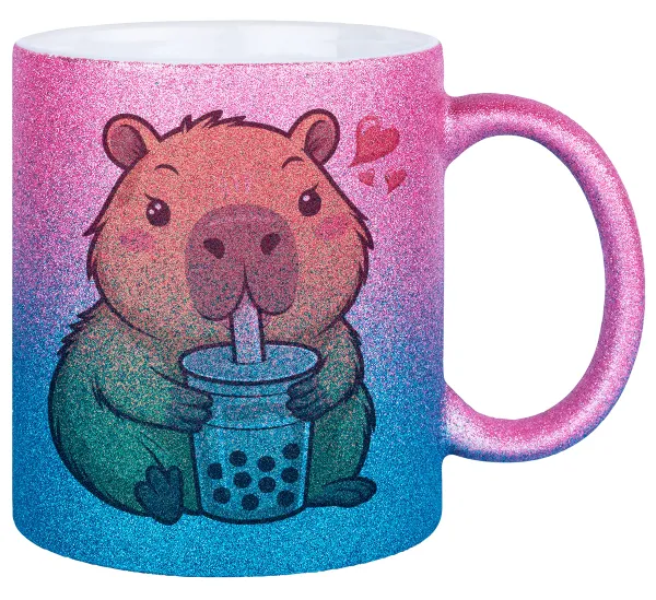 Capybara Bubble Tea — Κούπα Χρυσή/Μπλε Glitter, κεραμική, 330ml