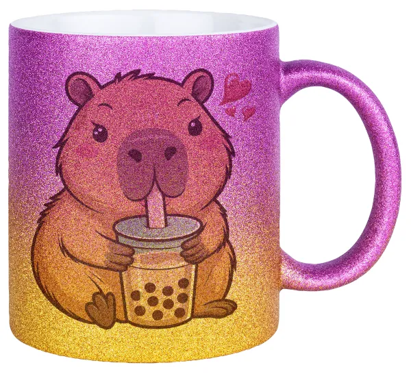 Capybara Bubble Tea — Κούπα Χρυσή/Ροζ Glitter, κεραμική, 330ml