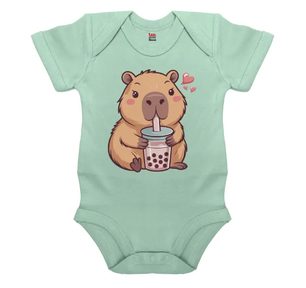 Capybara Bubble Tea — Βρεφικό φορμάκι μωρού, 0-18 μηνών, mint, 100% Organic Cotton, κοντομάνικο