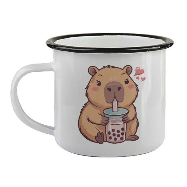 Capybara Bubble Tea — Enamel mug with black rim, 360ml