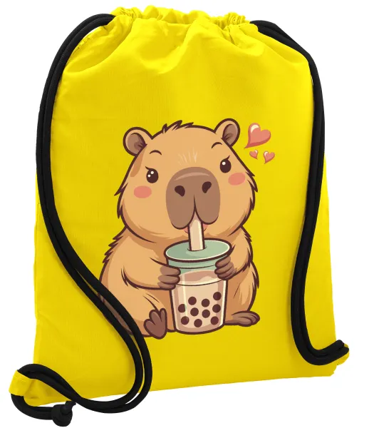 Capybara Bubble Tea — Τσάντα πλάτης πουγκί GYMBAG Κίτρινη, με τσέπη (40x48cm) & χονδρά κορδόνια