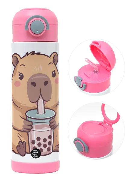 Capybara Bubble Tea — Παιδικό παγούρι θερμό, ανοξείδωτο, με καλαμάκι ασφαλείας, ΡΟΖ (500ml)