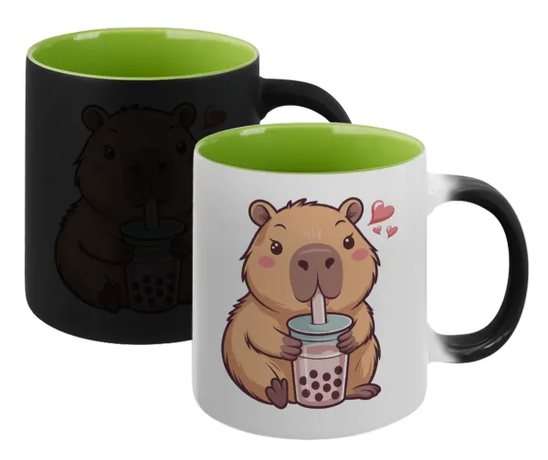 Capybara Bubble Tea — Magic mug with green interior, ceramic, 330ml, changes colour with hot drinks