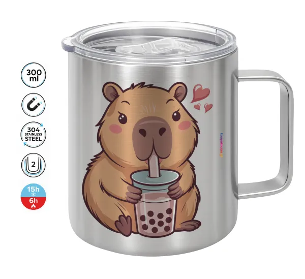 Capybara Bubble Tea — Double-walled stainless steel mug 300ml with temperature-retaining lid