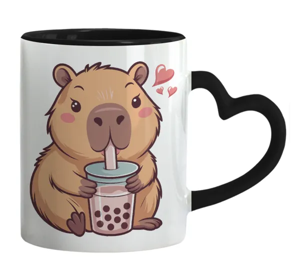 Capybara Bubble Tea — Mug heart black handle, ceramic, 330ml