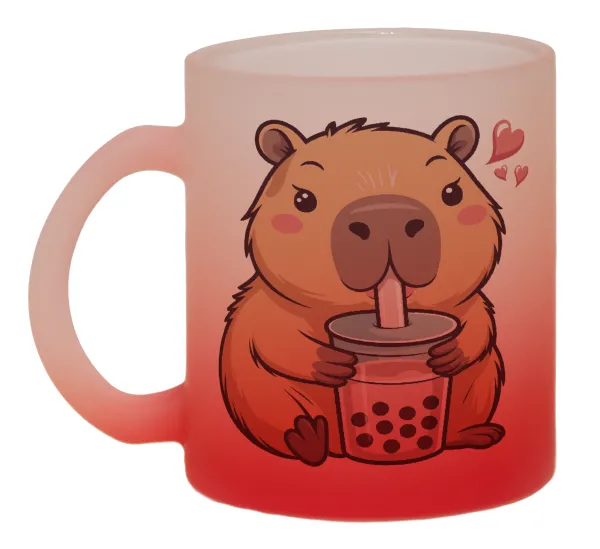 Capybara Bubble Tea — Two-tone glass mug with matte red base, 330ml