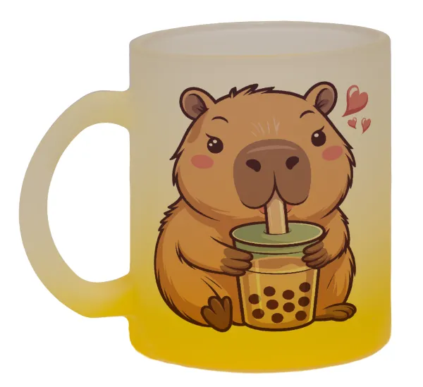 Capybara Bubble Tea — Κούπα γυάλινη δίχρωμη με βάση το κίτρινο ματ, 330ml