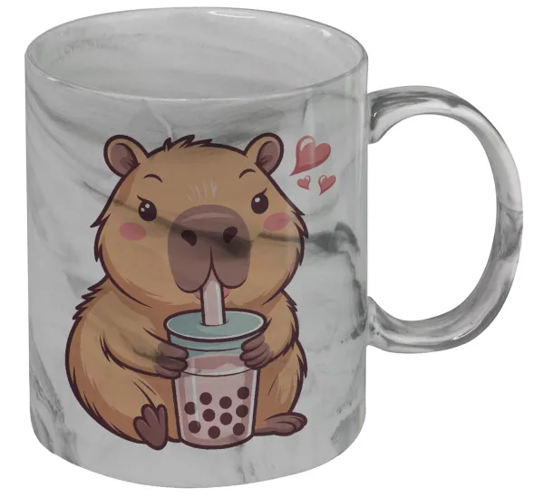 Capybara Bubble Tea — Κούπα κεραμική, marble style (μάρμαρο), 330ml