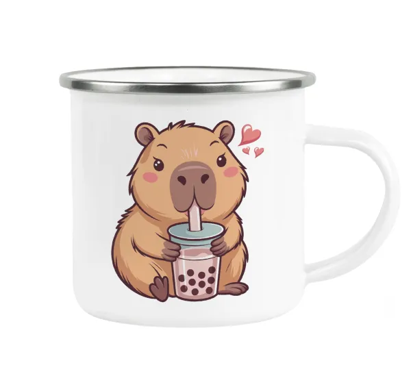 Capybara Bubble Tea — Metallic enamel cup white 360ml