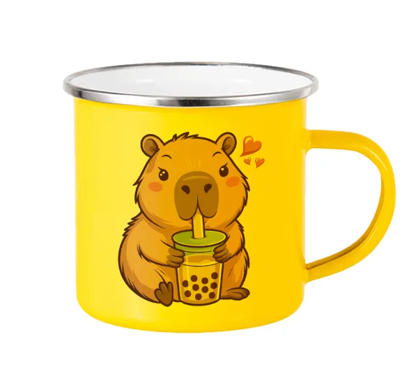Capybara Bubble Tea — Yellow Enamel Metallic Cup 360ml