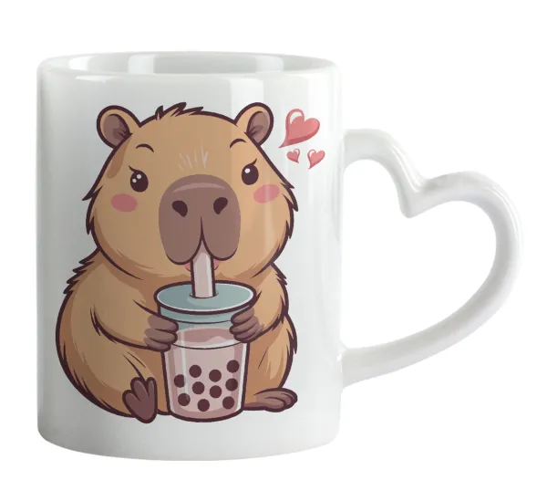 Capybara Bubble Tea — Κούπα καρδιά χερούλι λευκή, κεραμική, 330ml