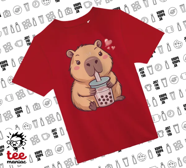 Capybara Bubble Tea — RED childrens T-Shirt made of 100% cotton, for every day. Vegan & OEKO-TEX certified.