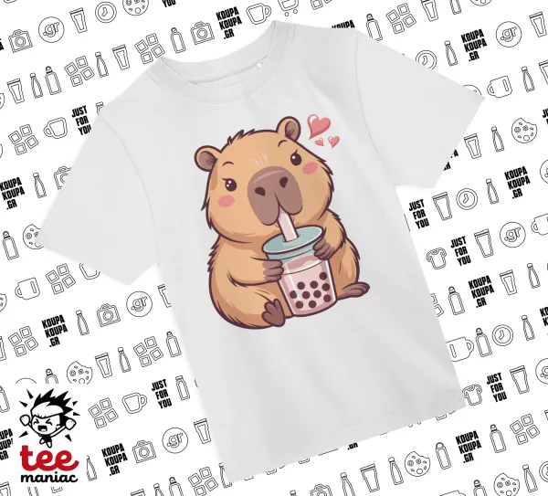 Capybara Bubble Tea — ΛΕΥΚΟ Άνετο παιδικό T-Shirt από 100% βαμβάκι, για κάθε μέρα. Vegan & OEKO-TEX πιστοποιημένο.