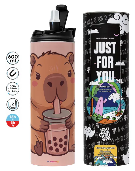 Capybara Bubble Tea — Tumbler ποτήρι θερμό ΡΟΖ από ανοξείδωτο ατσάλι 600ml
