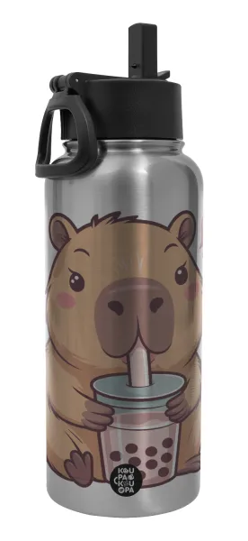 Capybara Bubble Tea — Metal mug thermo Silver with Straw and Spout Lid (Stainless steel), double wall, 950ml