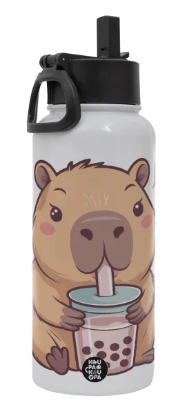 Capybara Bubble Tea — Μεταλλικό παγούρι θερμός Λευκό με καλαμάκι και χερούλι (Stainless steel), διπλού τοιχώματος, 950ml
