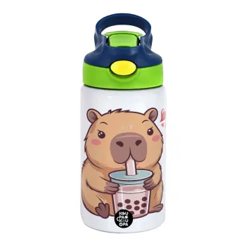 Capybara Bubble Tea, Παιδικό παγούρι θερμό, ανοξείδωτο, με καλαμάκι ασφαλείας, πράσινο/μπλε (350ml)