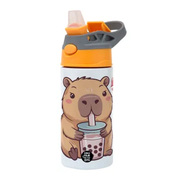 Capybara Bubble Tea, Παιδικό παγούρι θερμό, ανοξείδωτο, με καλαμάκι ασφαλείας, Πορτοκαλί/Γκρι (360ml) BPA-FREE