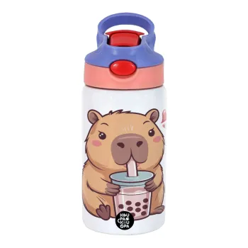 Capybara Bubble Tea, Children's hot water bottle, stainless steel, with safety straw, pink/purple (350ml)
