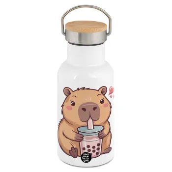Capybara Bubble Tea, Μεταλλικό παγούρι θερμός (Stainless steel) Λευκό με ξύλινο καπακι (bamboo), διπλού τοιχώματος, 350ml