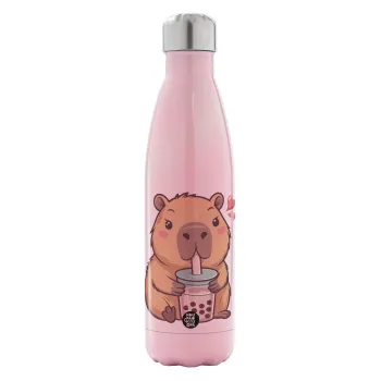 Capybara Bubble Tea, Metal mug thermos Pink Iridiscent (Stainless steel), double wall, 500ml