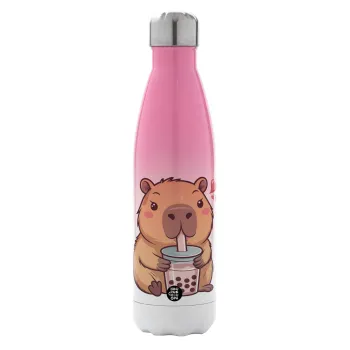 Capybara Bubble Tea, Μεταλλικό παγούρι θερμός Ροζ/Λευκό (Stainless steel), διπλού τοιχώματος, 500ml