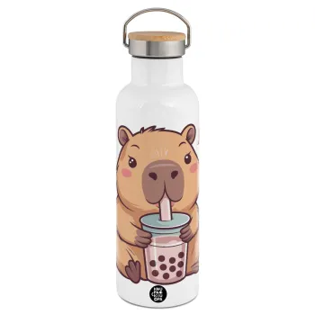 Capybara Bubble Tea, Stainless steel White with wooden lid (bamboo), double wall, 750ml