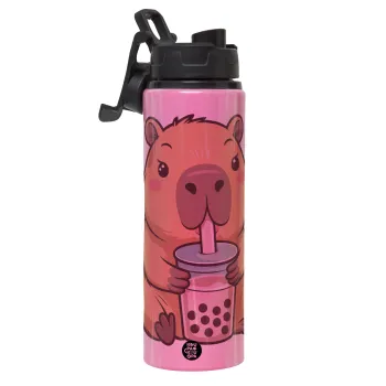 Capybara Bubble Tea, Metallic water bottle with safety lid, 850ml aluminum
