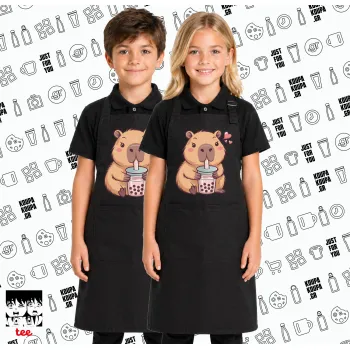 Capybara Bubble Tea, Μαύρη ΠΑΙΔΙΚΗ Ποδιά μακριά Σεφ ολόσωμη με τσέπες