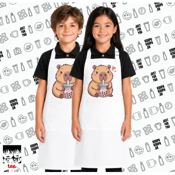 Capybara Bubble Tea, Λευκή ΠΑΙΔΙΚΗ Ποδιά μακριά Σεφ ολόσωμη με τσέπες