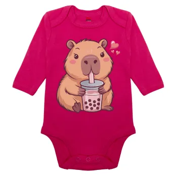 Capybara Bubble Tea, Μακρυμάνικο βρεφικό φορμάκι, 0-18 μηνών, ΡΟΖ, 100% Organic Cotton
