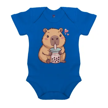 Capybara Bubble Tea, Βρεφικό φορμάκι μωρού, Μπλε Κοβαλτίου, 100% Organic Cotton, κοντομάνικο