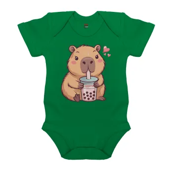 Capybara Bubble Tea, Βρεφικό φορμάκι μωρού, ΠΡΑΣΙΝΟ, 100% Organic Cotton, κοντομάνικο