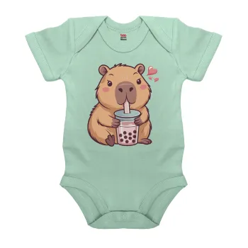 Capybara Bubble Tea, Βρεφικό φορμάκι μωρού, 0-18 μηνών, mint (Μέντα), 100% Organic Cotton, κοντομάνικο