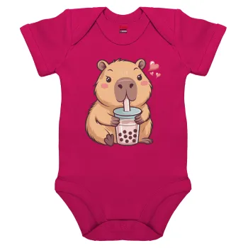 Capybara Bubble Tea, Βρεφικό φορμάκι μωρού, 0-18 μηνών, ΡΟΖ, 100% Organic Cotton, κοντομάνικο