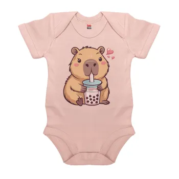 Capybara Bubble Tea, Βρεφικό φορμάκι μωρού, 0-18 μηνών, ΡΟΖ POWDER, 100% Organic Cotton, κοντομάνικο