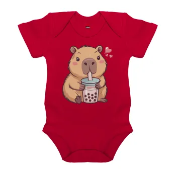 Capybara Bubble Tea, Βρεφικό φορμάκι μωρού, ΚΟΚΚΙΝΟ, 100% Organic Cotton, κοντομάνικο
