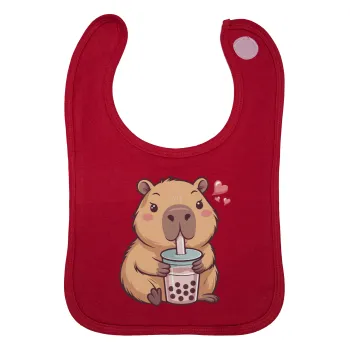 Capybara Bubble Tea, Σαλιάρα με Σκρατς Κόκκινη 100% Organic Cotton (0-18 months)