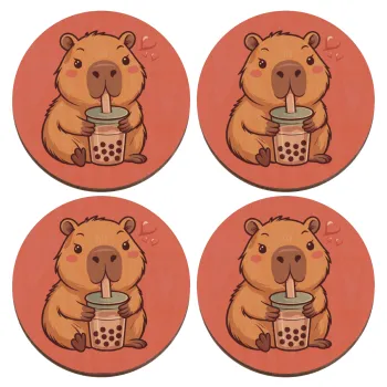 Capybara Bubble Tea, ΣΕΤ x4 Σουβέρ ξύλινα στρογγυλά plywood (9cm)