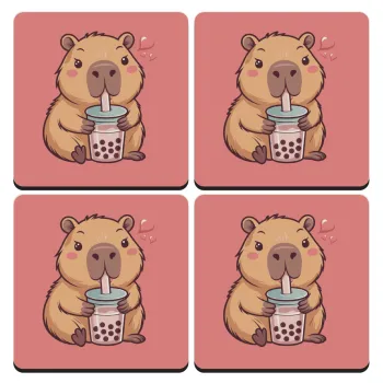 Capybara Bubble Tea, ΣΕΤ 4 Σουβέρ ξύλινα τετράγωνα (9cm)